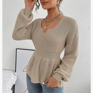 New Knit V Neck Drop Shoulder Babydoll Sweater